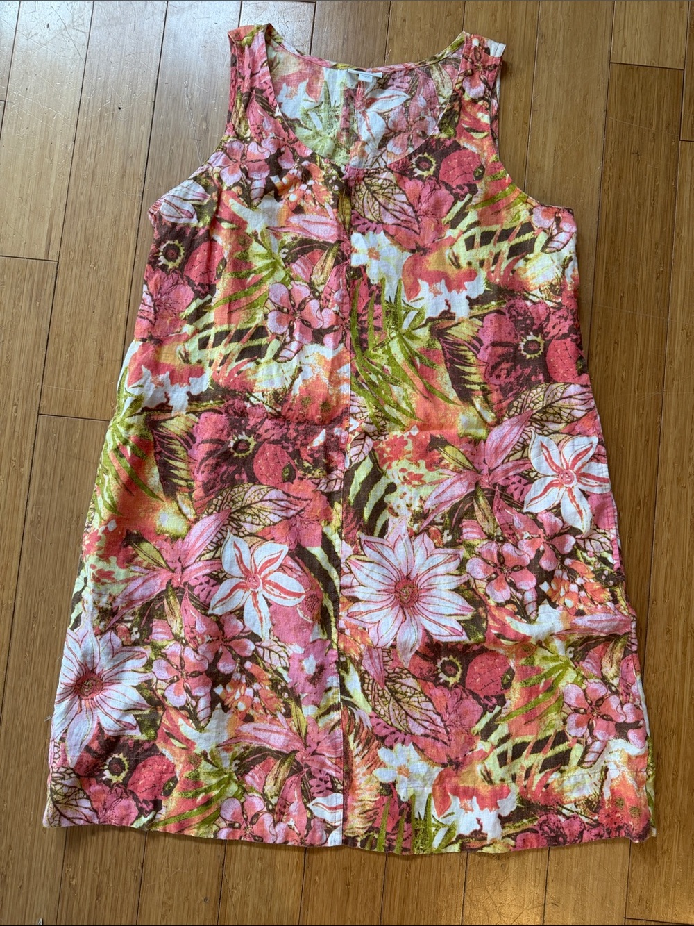 J. Jill Pink and Green Floral Sleeveless Linen Midi Dress